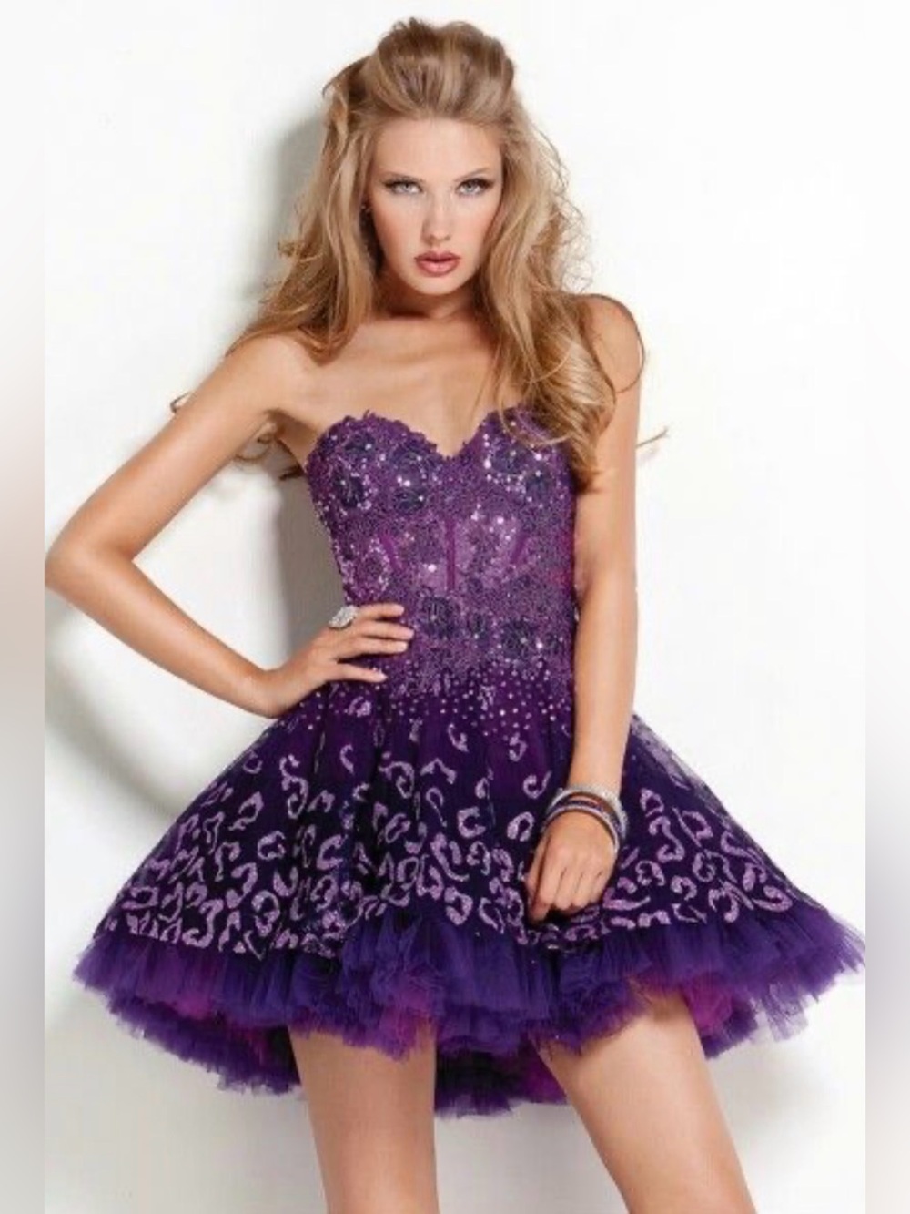 Jovani Purple Leopard Sequin Babydoll Prom Homecoming Y2K Dress Size 2